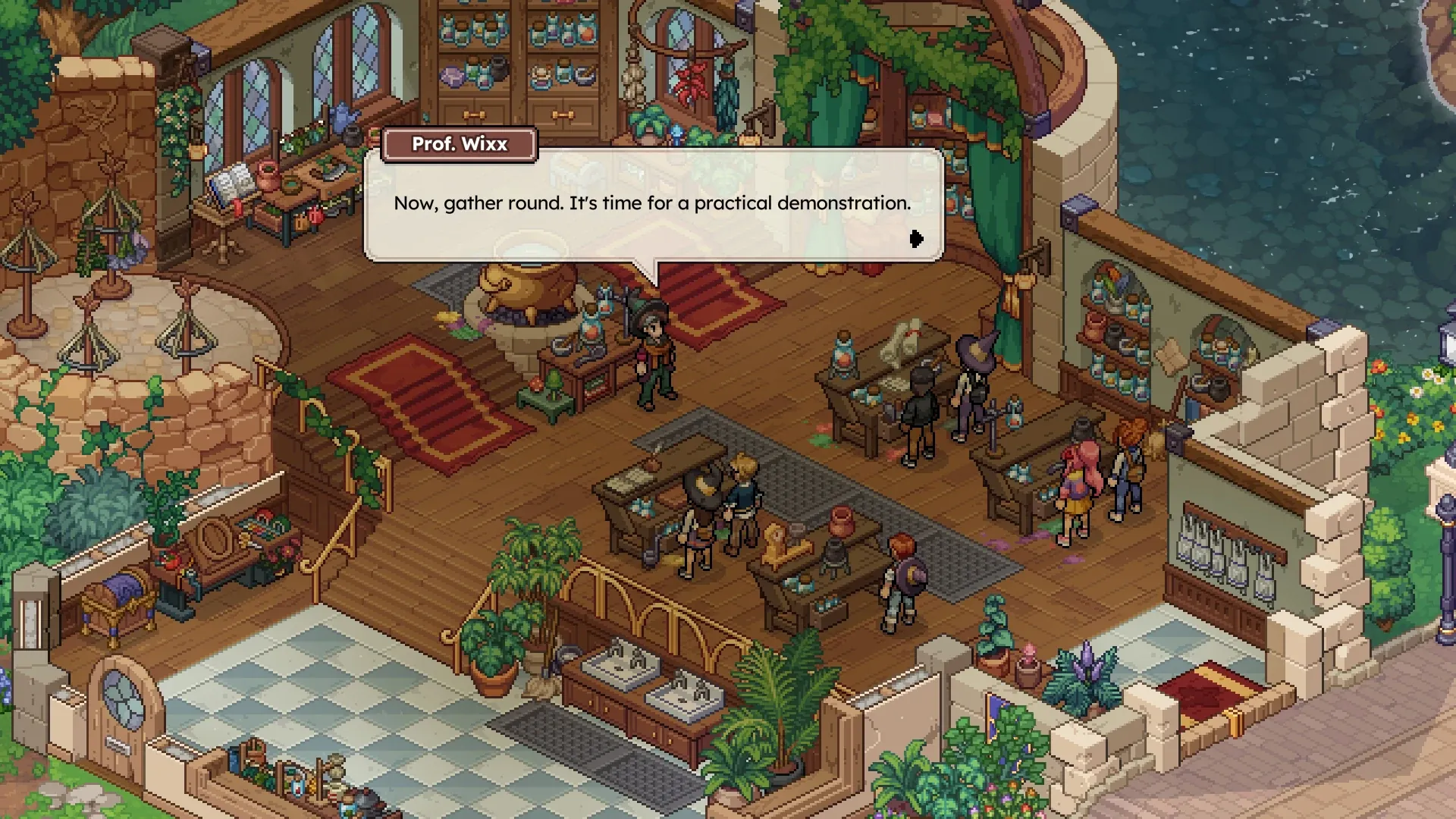 Students at benches in an alchemy classroom