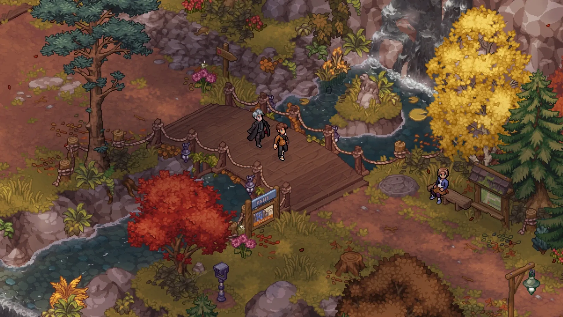 Two characters walking an autumn path
