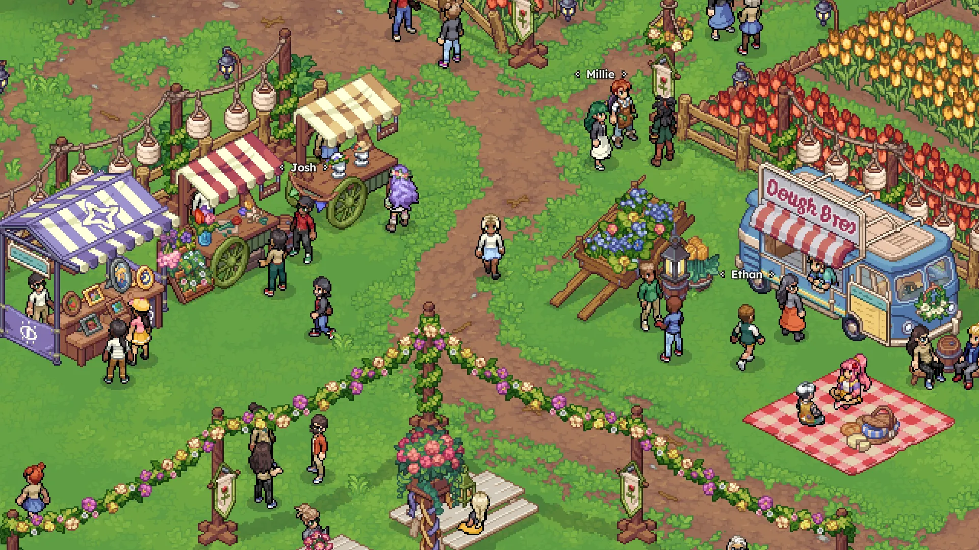 A town festival with lanterns and a crowd